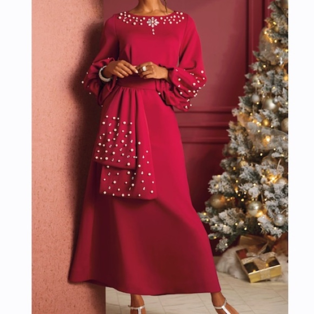 NWOT Ashro Seianne Red Pearl & Gem Long Sleeve Gown, wedding, formal stunner!